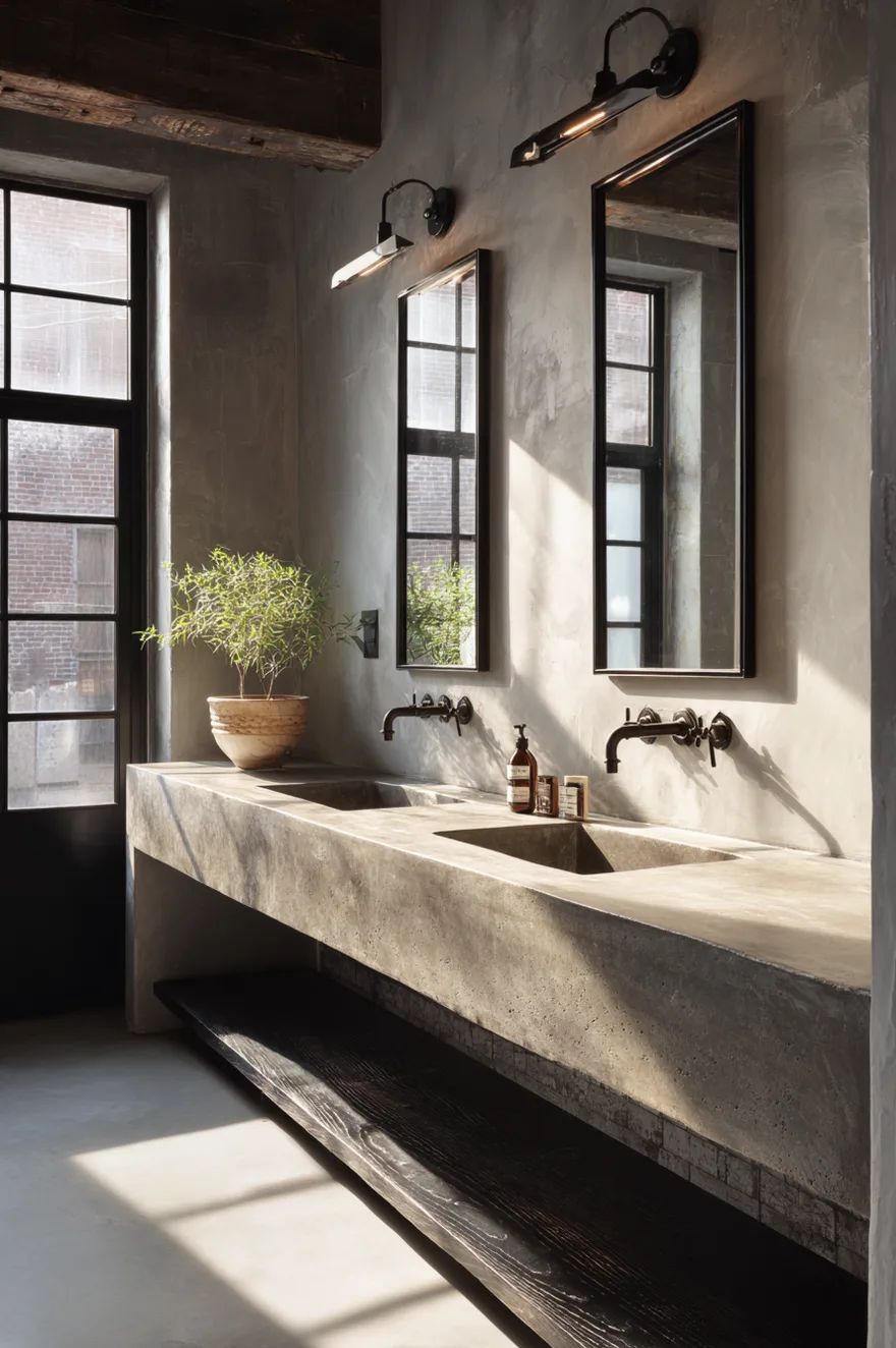 An industrial modern bathroom featuring a thick, custom cast concrete double vanity top with seamless, integrated square sinks. Dark wall-mounted faucets sit below two tall rectangular black-framed mirrors and black industrial sconces against smooth concrete walls. A dark wood lower shelf provides open storage.