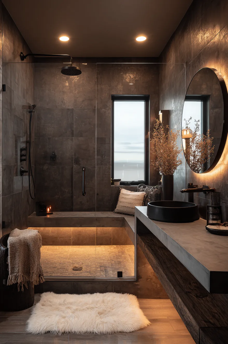 A dark atmospheric bathroom with large slate grey tiles, a walk-in shower featuring a built-in bench with warm under-lighting, a concrete vanity with a black sink, and a large backlit round mirror.