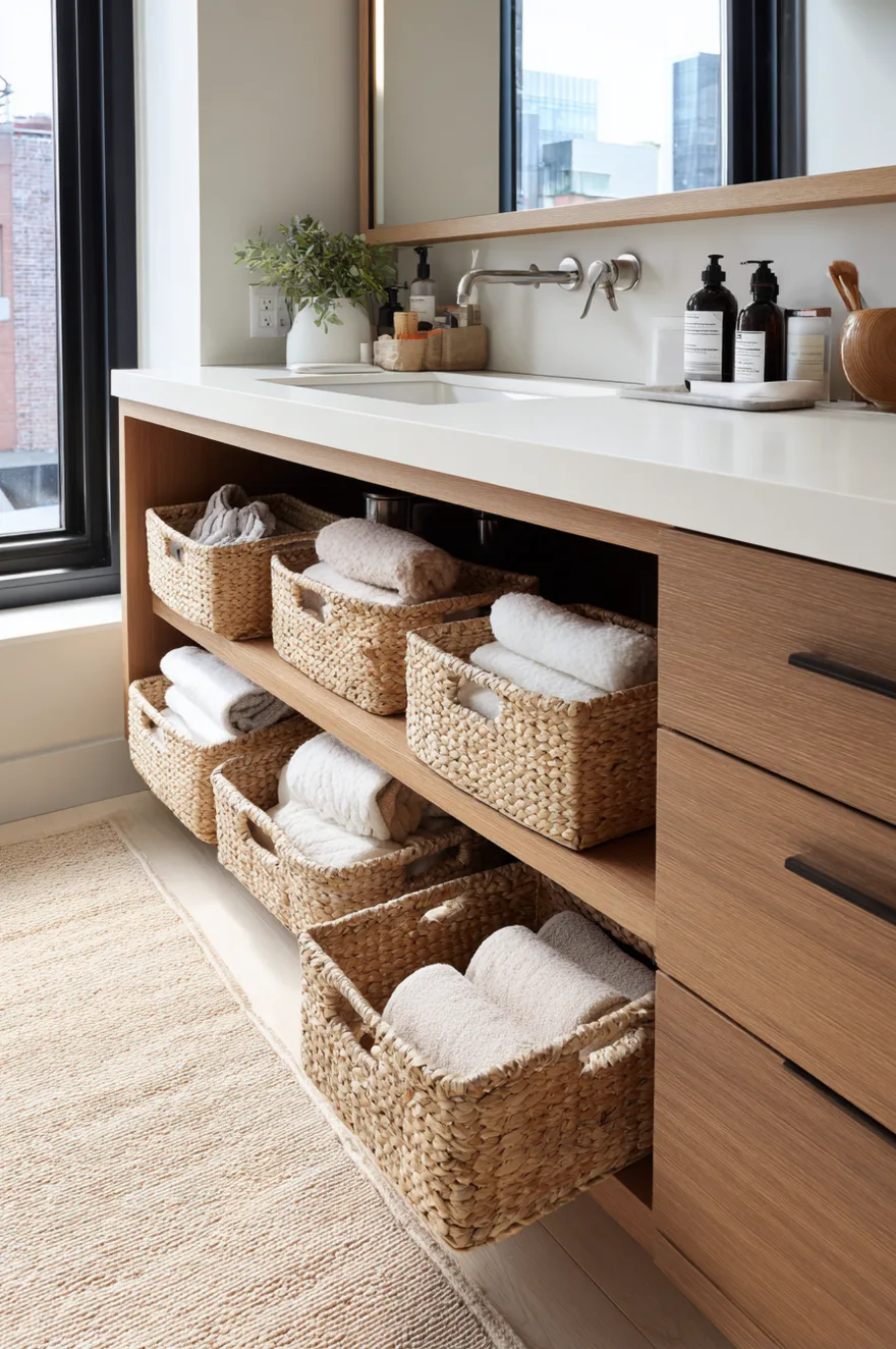 A light oak floating bathroom vanity with a smooth grey countertop and integrated white sink. Below the main drawer, two large open cubbies are built into the vanity structure. One cubby holds neat stacks of folded white towels. The adjacent cubby holds two woven storage baskets with handles. A black ladder rack holding a grey towel stands next to the vanity against a textured grey wall.