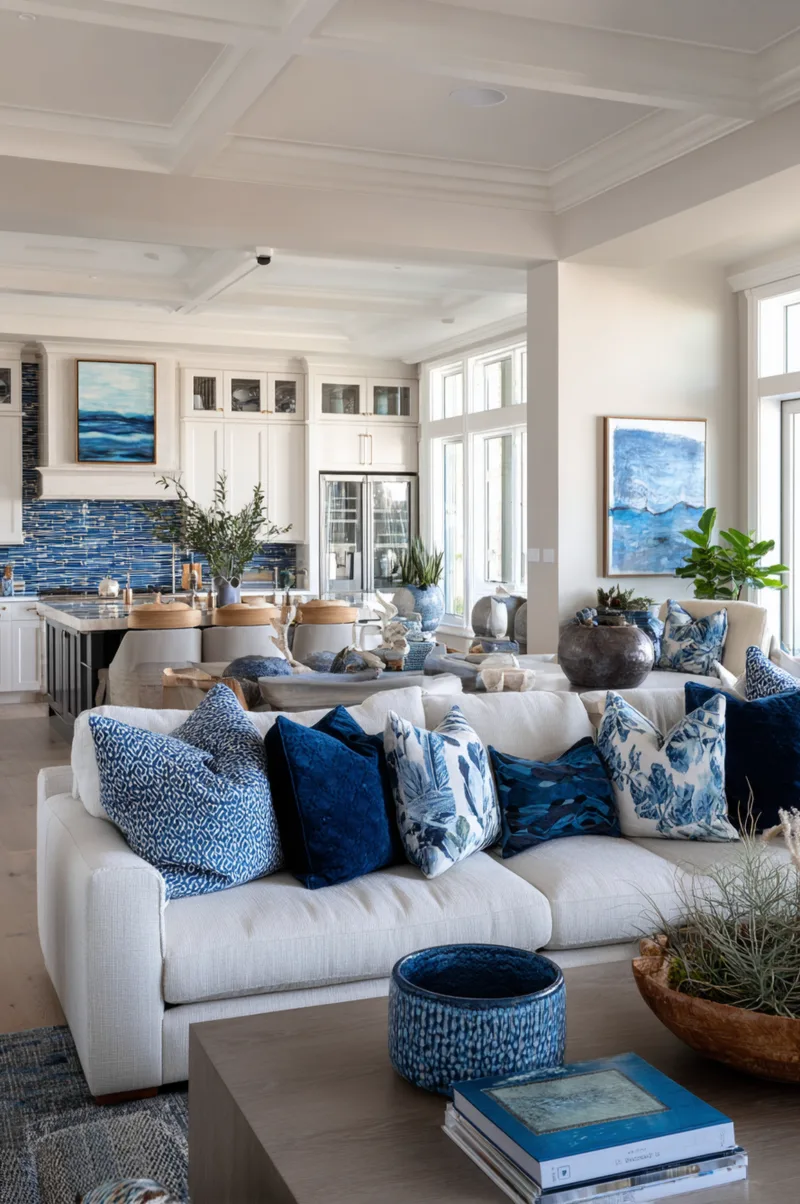 Open plan living room featuring blue throw pillows that match the blue tiled kitchen backsplash in the background.