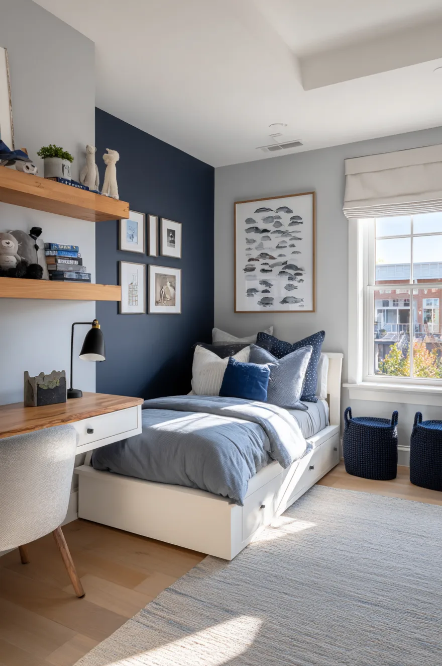 A boys bedroom featuring a two-tone wall painted blue on the bottom half and white on the top, with a wood bed and a gallery wall of art.