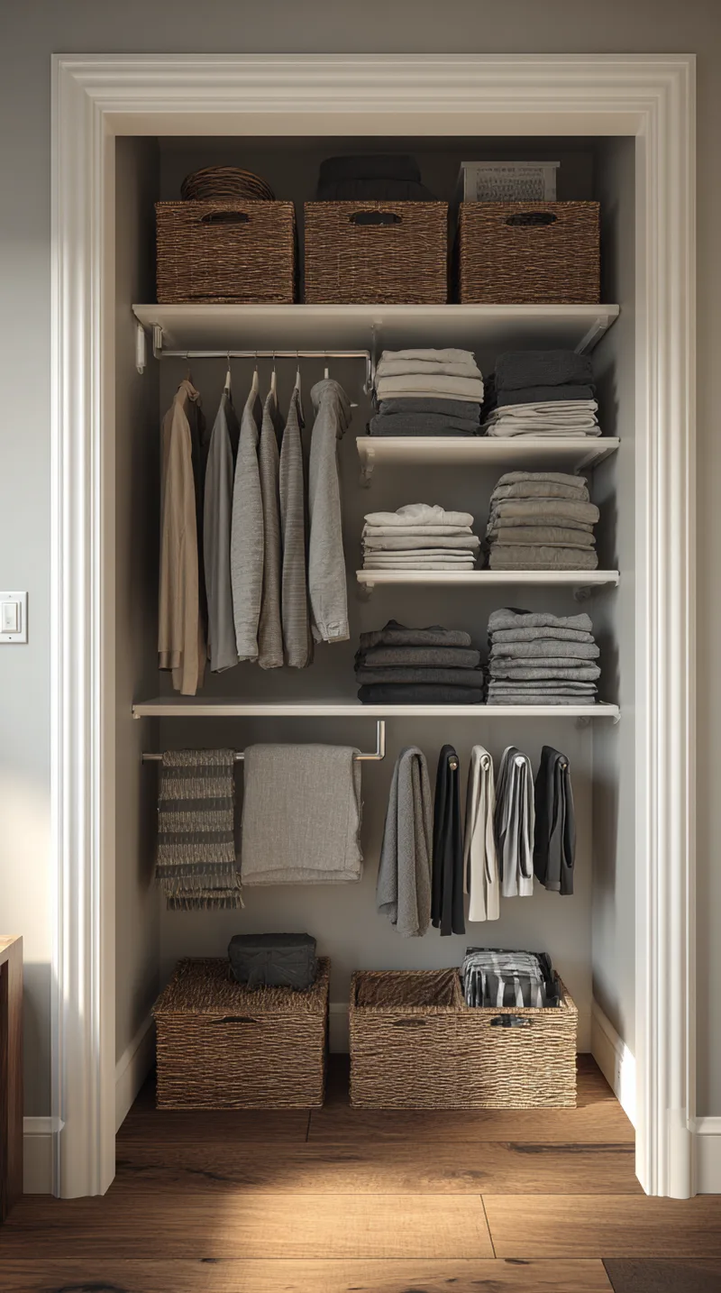 Organized small closet interior with double hanging rods, shelves, and woven storage baskets.