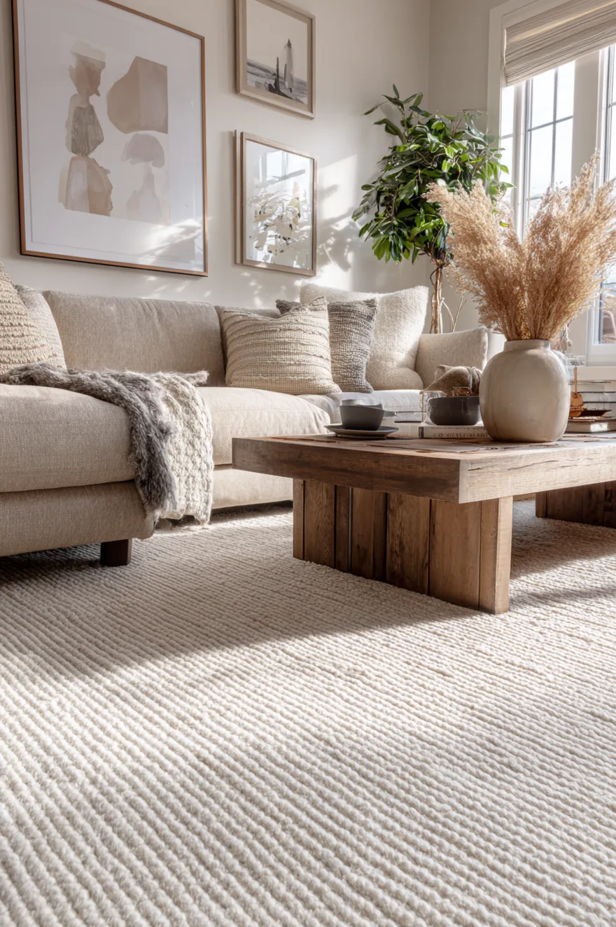 A sunlit living room showing a highly textured ribbed beige rug set under a matching beige sofa and a rustic reclaimed wood coffee table.
