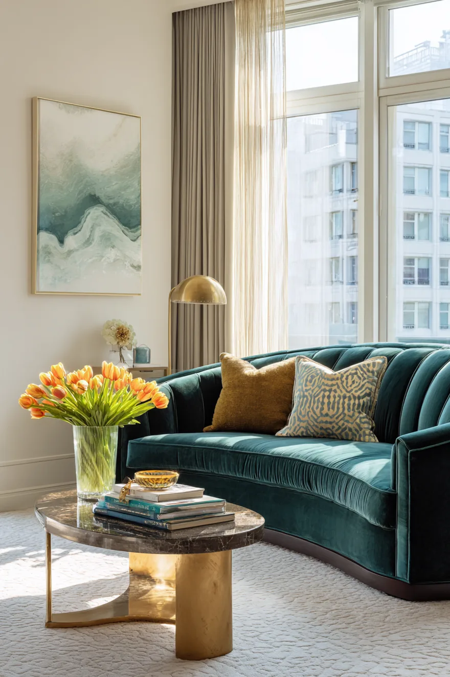 Deep sapphire blue curved velvet sofa adorned with shimmering gold and blue geometric patterned pillows. A large brass geometric open shelving unit stands in the background alongside abstract art, resting on a matching blue patterned rug.