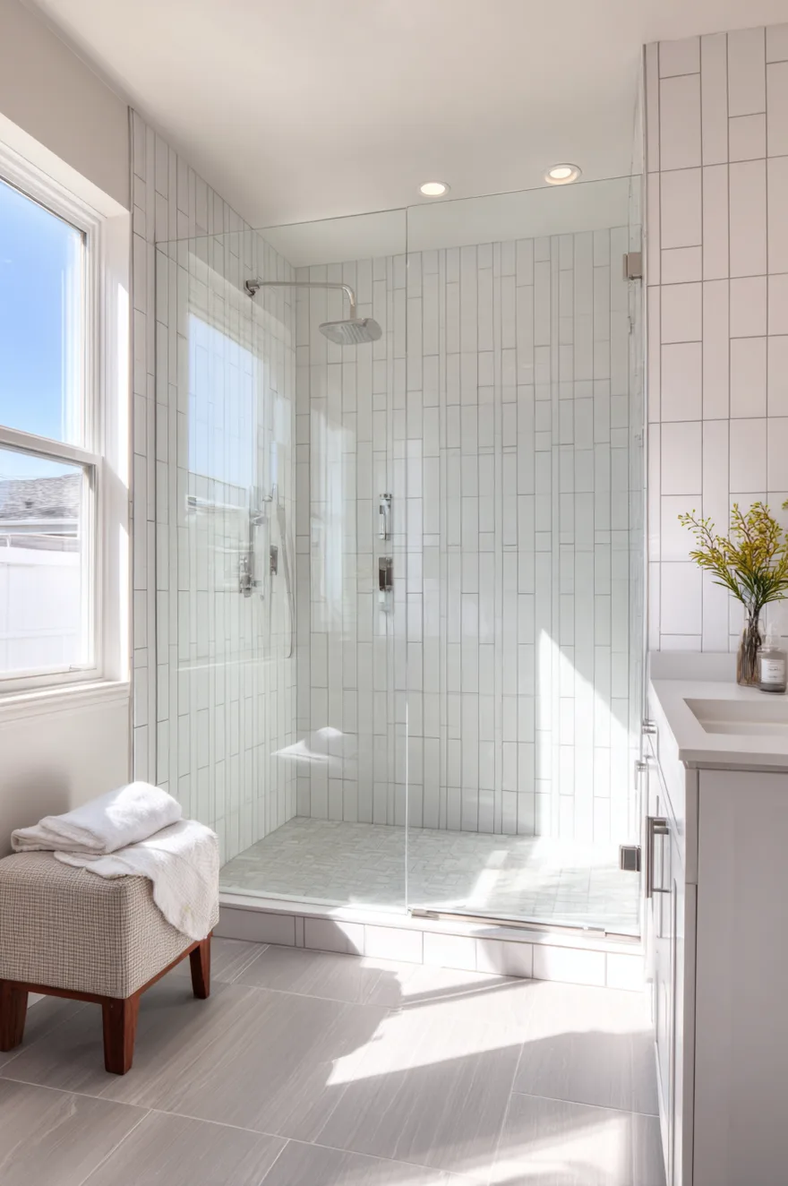 A sunlit walk in shower showcasing white rectangular tiles installed in a clean vertical stack bond pattern. The shower features minimal silver fixtures, a gray tile floor, and a small upholstered bench sitting just outside the clear glass enclosure.