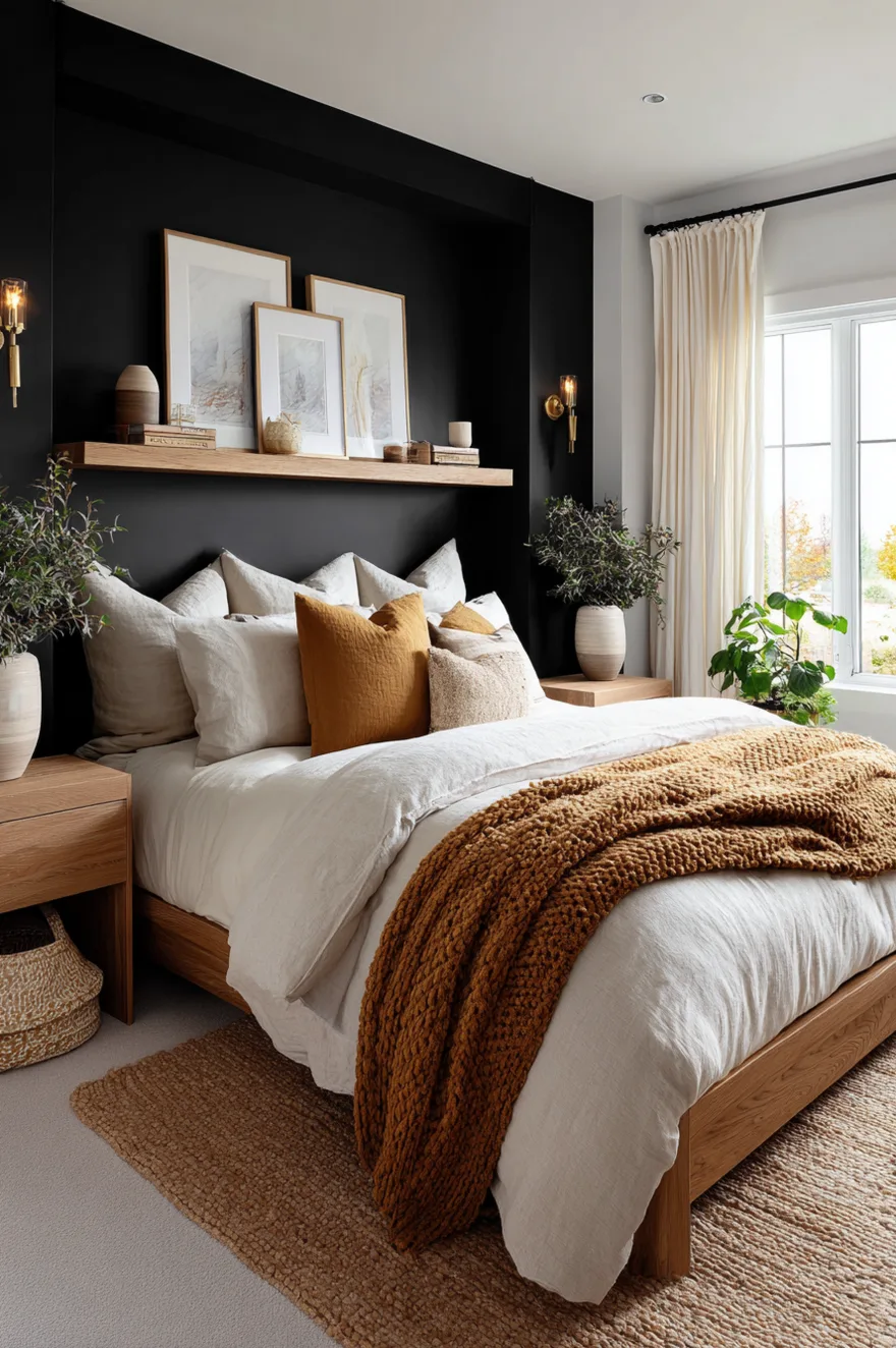 A beautifully styled bedroom featuring a black accent wall with a long wood picture ledge displaying framed art. A wood bed frame with white linens, mustard pillows, and a chunky rust blanket is centered between wood nightstands holding vases of olive branches.