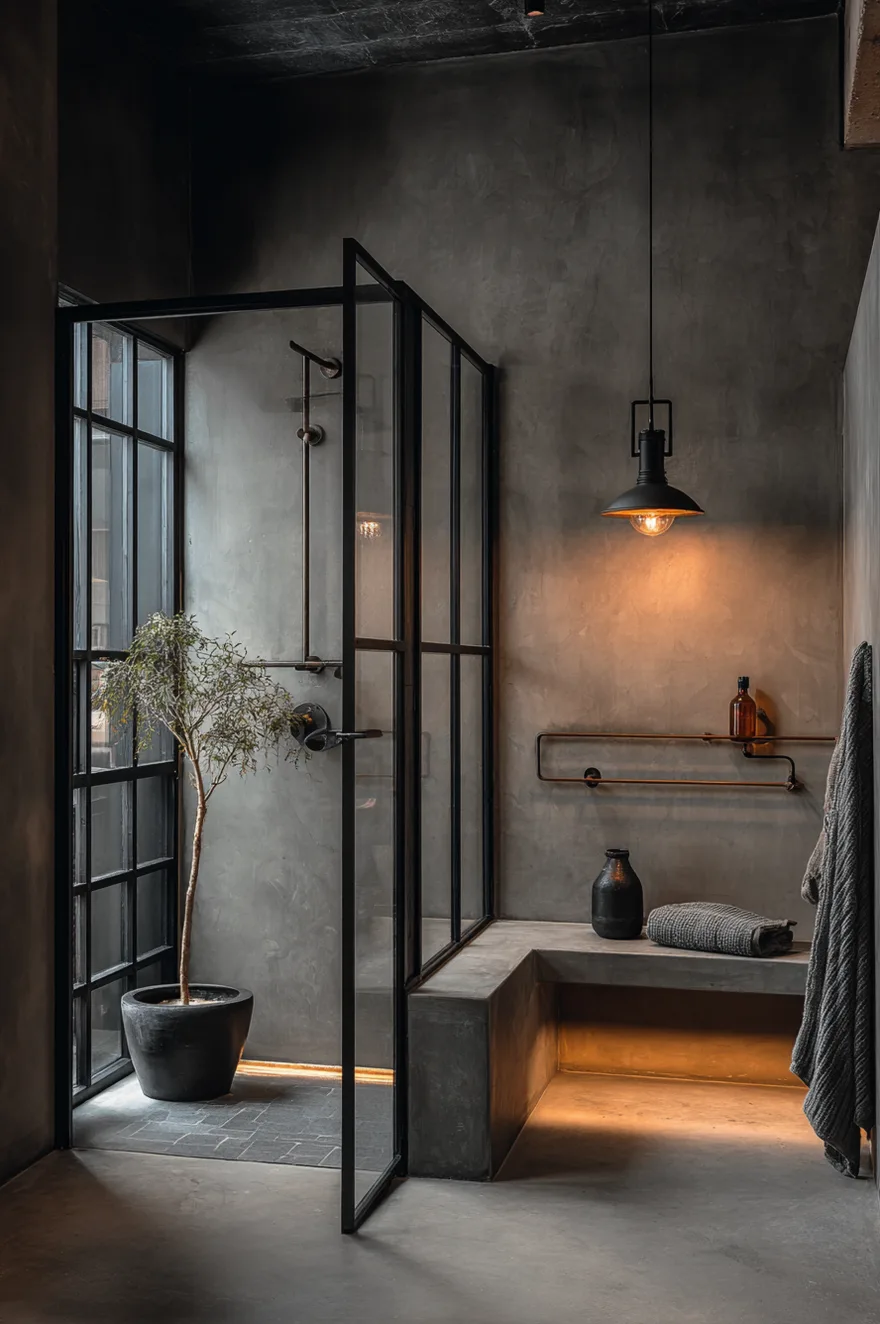 Industrial loft walk in shower with micro-cement walls and floor, black steel and glass partition entry, exposed-pipe matte black fixtures, and poured concrete bench.