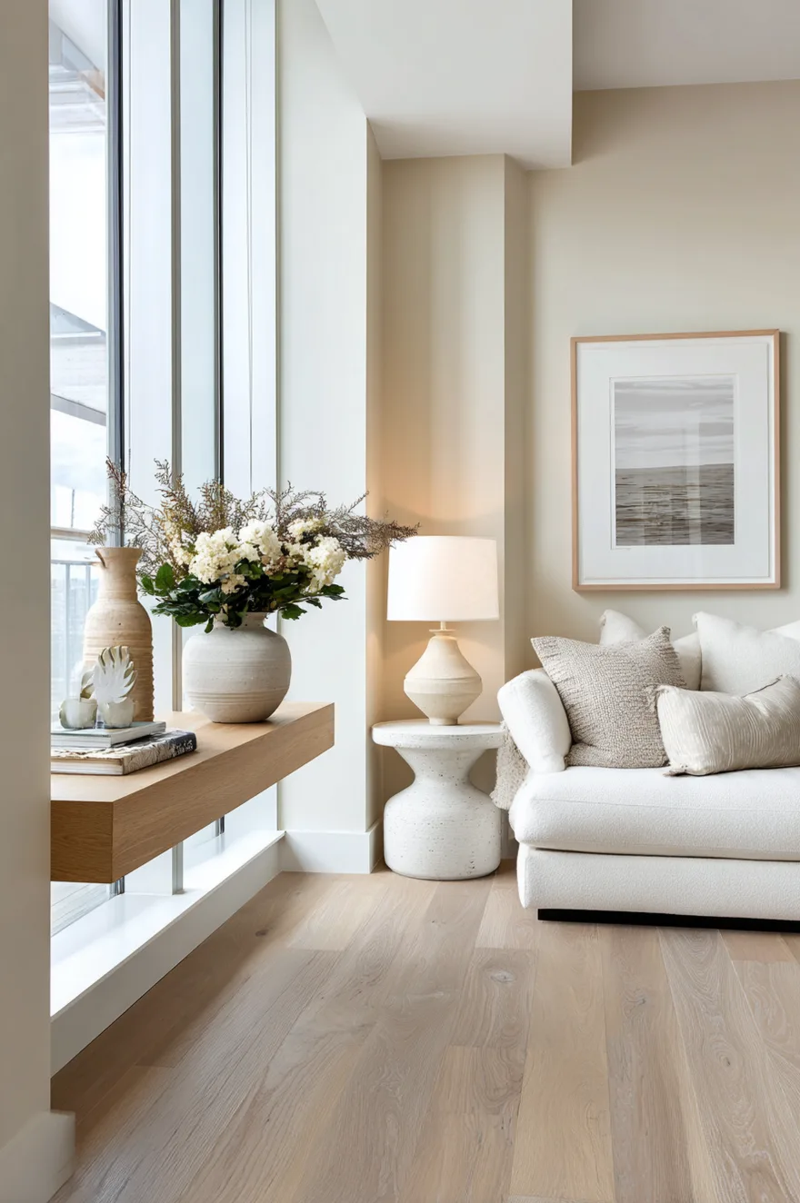 Wall-mounted floating console 16 inches deep in a small living room with full floor visible beneath it, a slim linen sofa, a small round coffee table, and bright natural daylight making the space read tall.