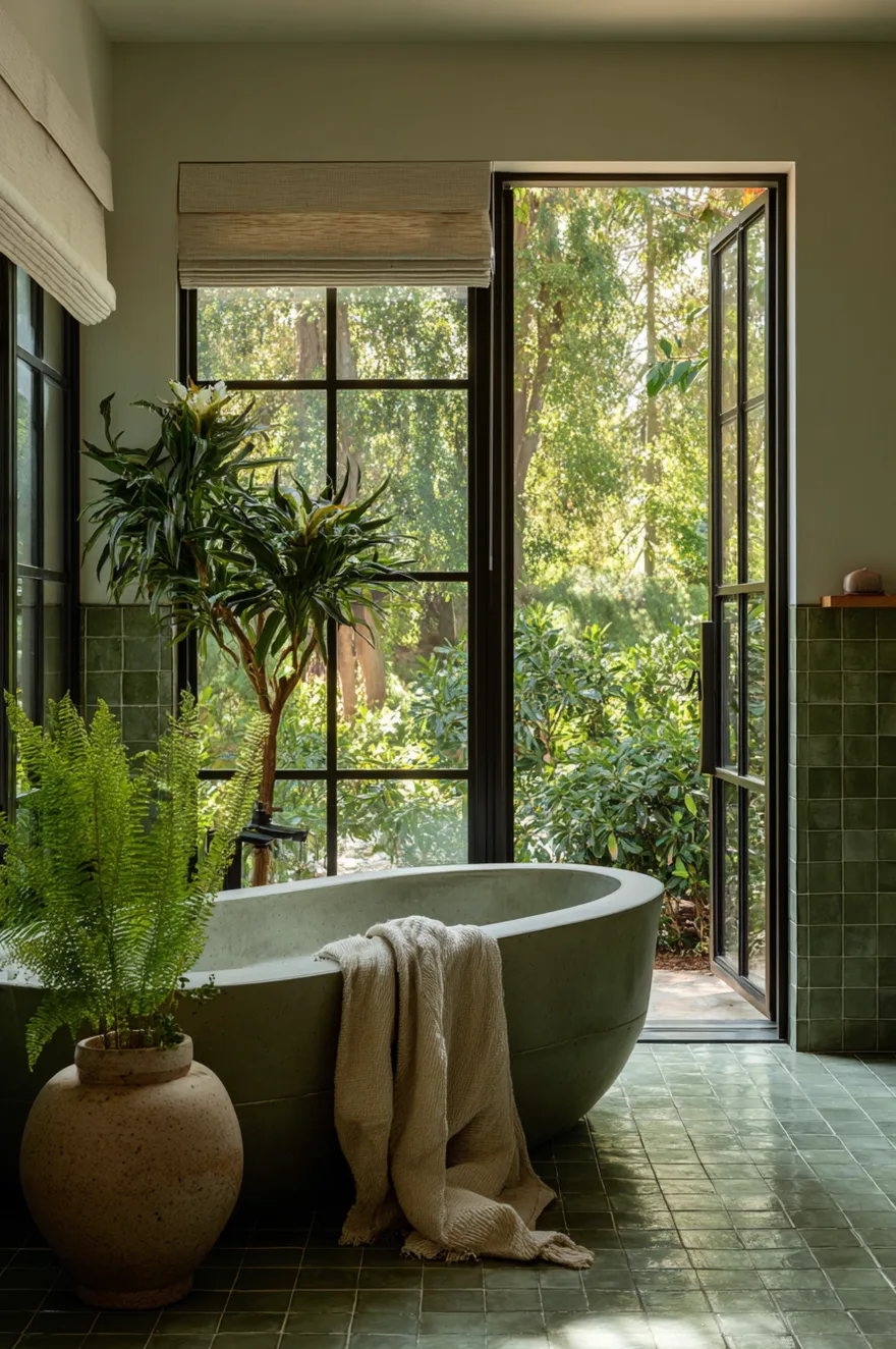 Freestanding tub beside full-height steel-frame casement windows on a sage green zellige tile floor with a raw linen Roman shade partially drawn and a ceramic pot with a trailing fern.
