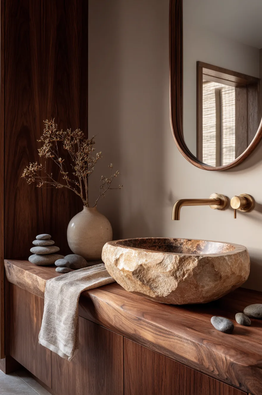 Hand-carved limestone vessel sink on a floating walnut slab vanity with an unlacquered brass wall-mount faucet, frameless oval mirror, and smooth river stones beside a ceramic vase.