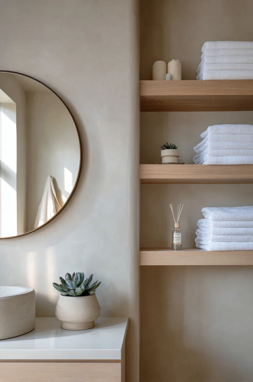 Two floating white oak shelves on warm greige plaster wall with white stacked folded towels, a small clay diffuser, and a petite potted succulent with a round frameless mirror below.