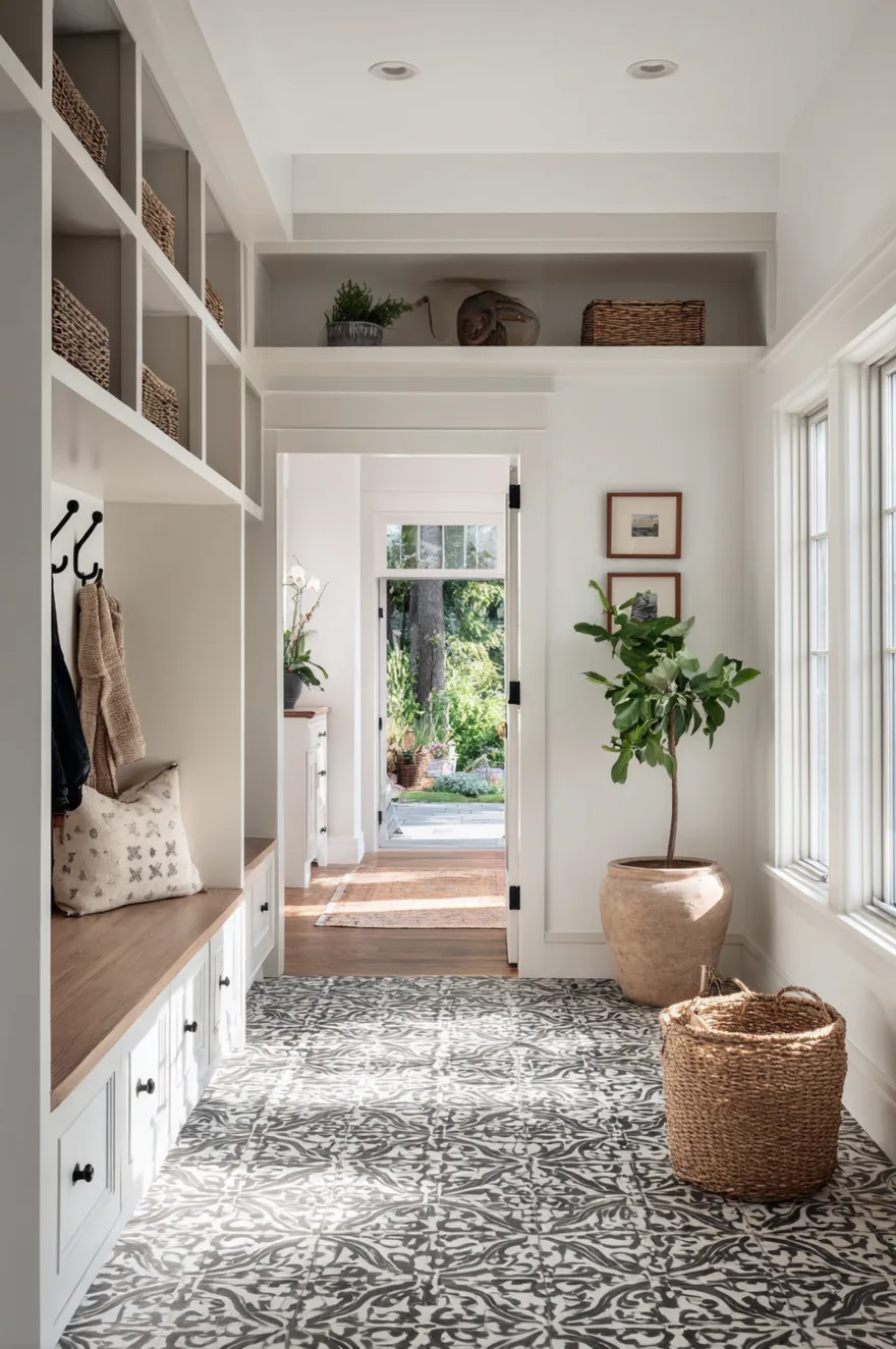 Encaustic-look cement tile kitchen floor in black and terracotta running continuously from a bright kitchen through a wide doorway into a mudroom with coat hooks and a woven basket.