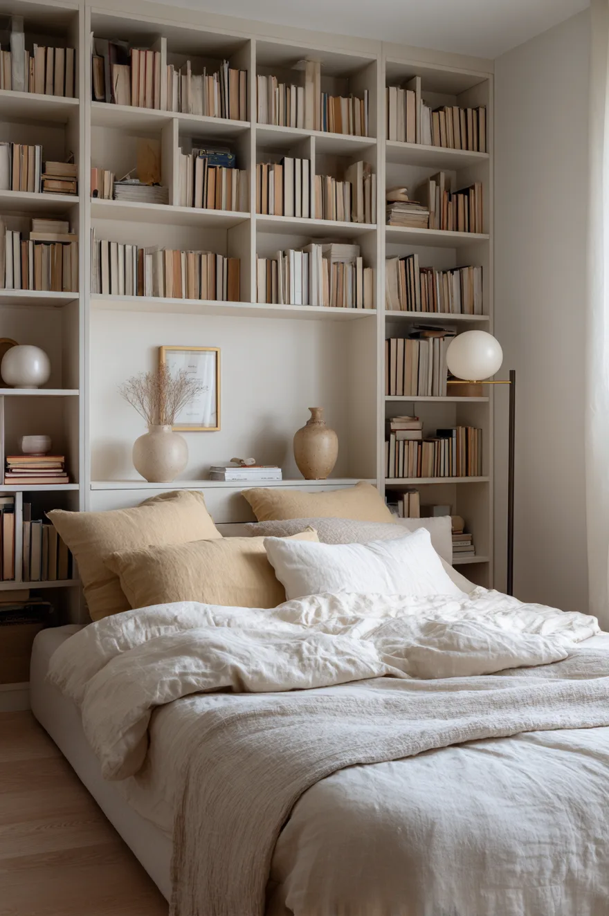 Floor-to-ceiling built-in bedroom shelves painted soft warm white and flush to the wall holding books and ceramics with a low bed and single floor lamp below.