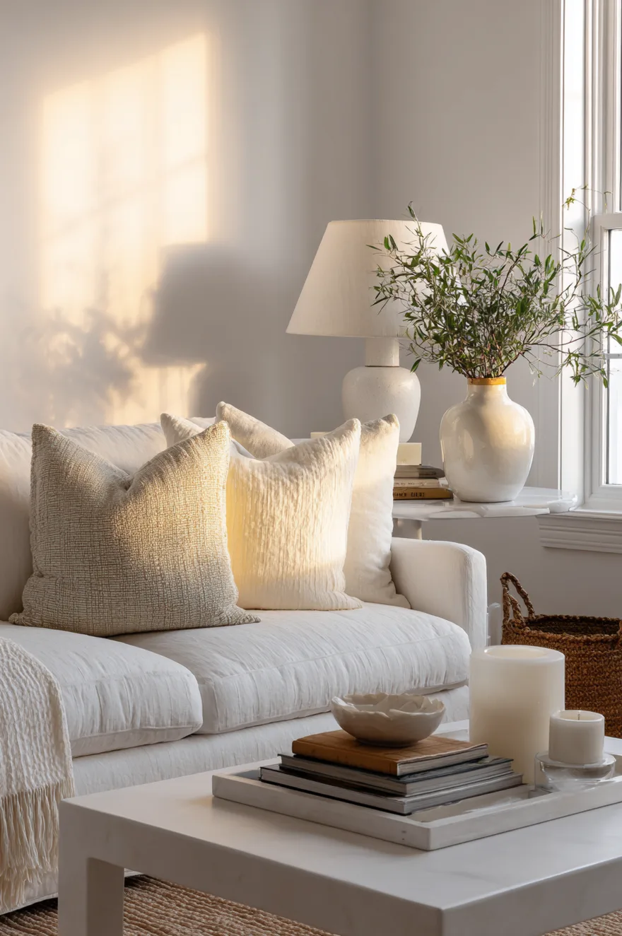 Close up of a white sofa styled with textured cream pillows and a marble coffee table with art books and ceramics in golden hour light.