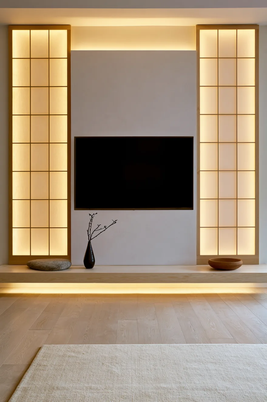 Minimalist Japandi feature wall with a smooth white central plaster panel holding a flush television screen. The center is flanked symmetrically by two full-height, wood-framed translucent shoji grid panels beautifully backlit with warm amber LED strip lighting. Below runs an ultra-low, wide platform media console bench crafted from pale ash wood, styled minimalist-style with a large flat river rock, a slim black bud vase holding fine bare twigs, and a shallow wooden bowl on light oak floors.