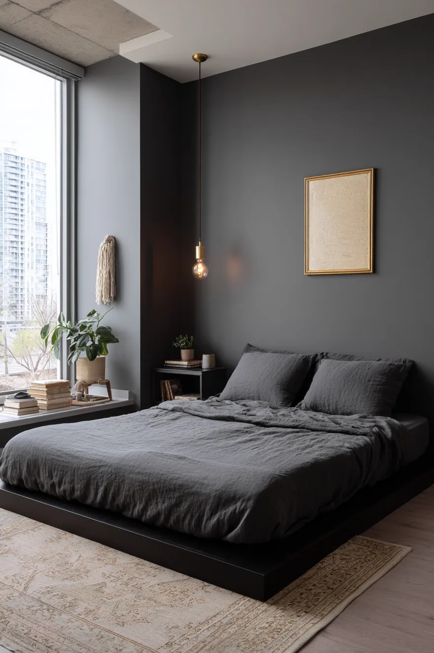 Minimalist dark bedroom with charcoal walls, a modern platform bed, clean white bedding with two gray throw pillows, and minimalist black sconces.