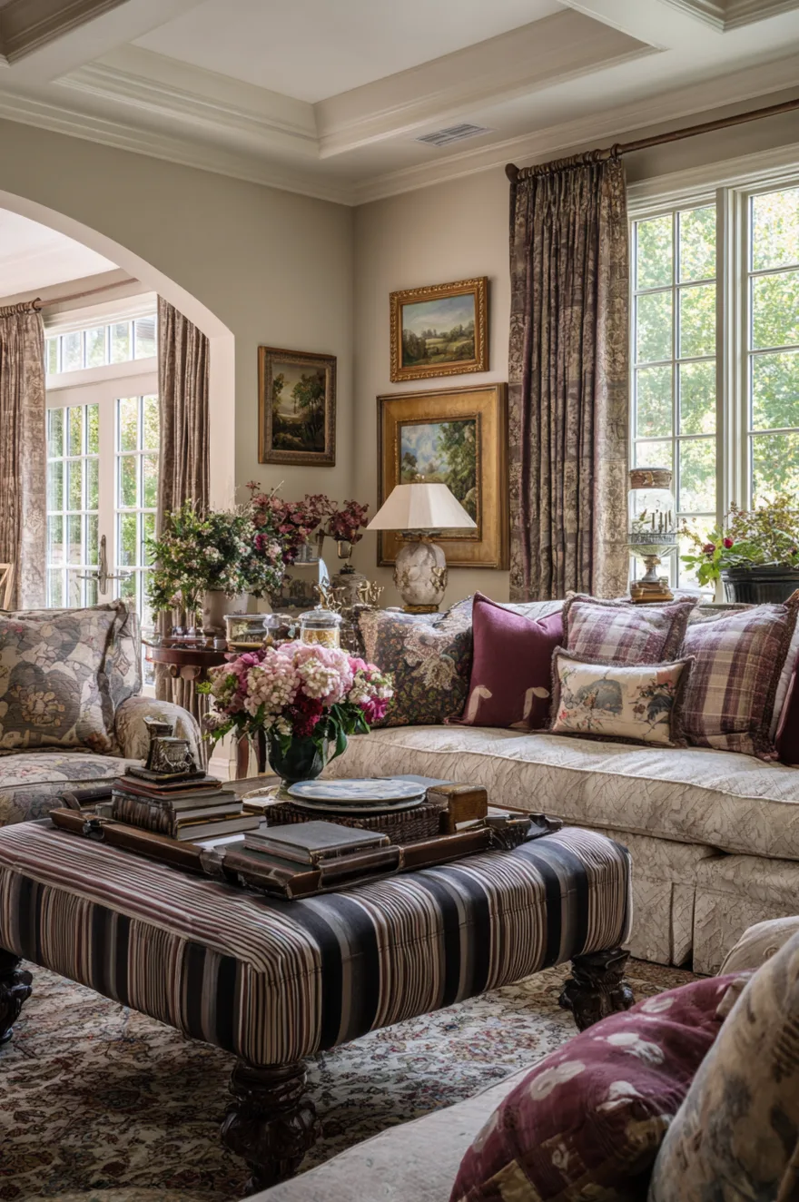 A richly layered French country living room showcasing a mix of patterned upholstery and textiles. The space features a floral armchair, a sofa with plaid and textured pillows, and a large striped ottoman used as a coffee table. Dark wood furniture and traditional artwork contribute to the eclectic, collected-over-time atmosphere.