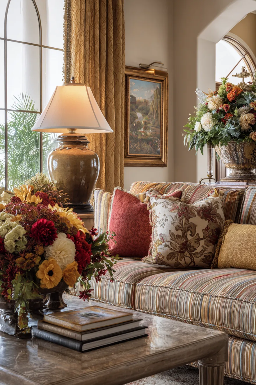 A close-up of a striped sofa layered with floral and textured pillows in warm red, gold, and neutral tones. A large ceramic lamp with a cream shade stands on a side table next to a massive arrangement of autumn-hued flowers. A traditional landscape painting hangs on the wall behind the seating, adding to the room's refined character.