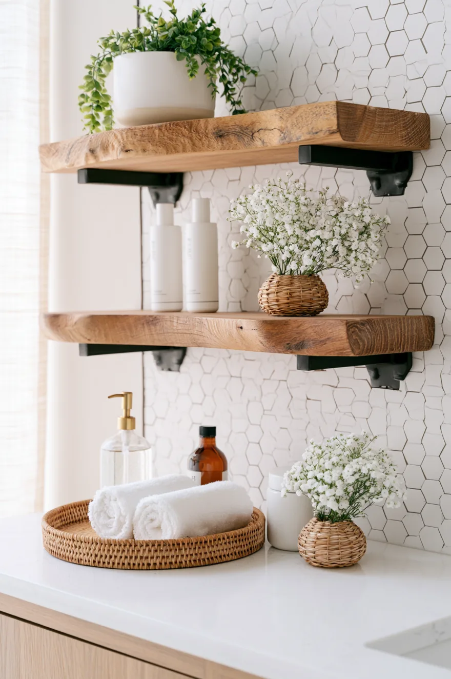 Live edge wood floating shelves with black metal brackets against white hexagon tile, styled with white product bottles and woven vases containing delicate baby's breath.