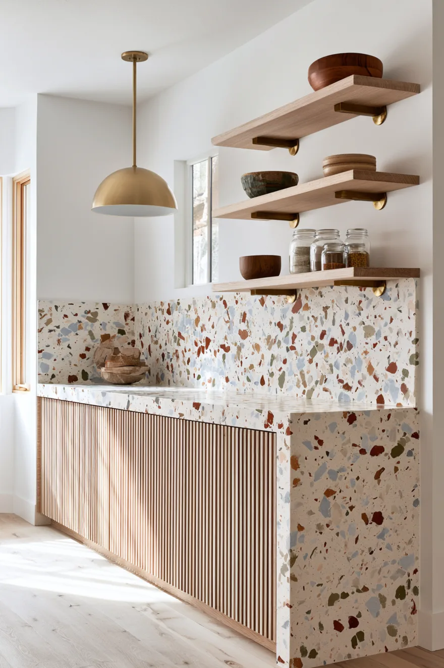 Large-fleck terrazzo countertop and short matching backsplash with rust, green, and blue stone pieces, vertical fluted wood lower cabinets, raw wood floating shelves.