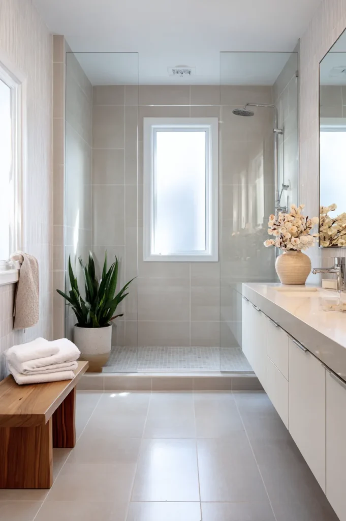 A minimalist bathroom design where large format grey stone tiles continue seamlessly from the floor straight up the wall behind a white soaking tub.