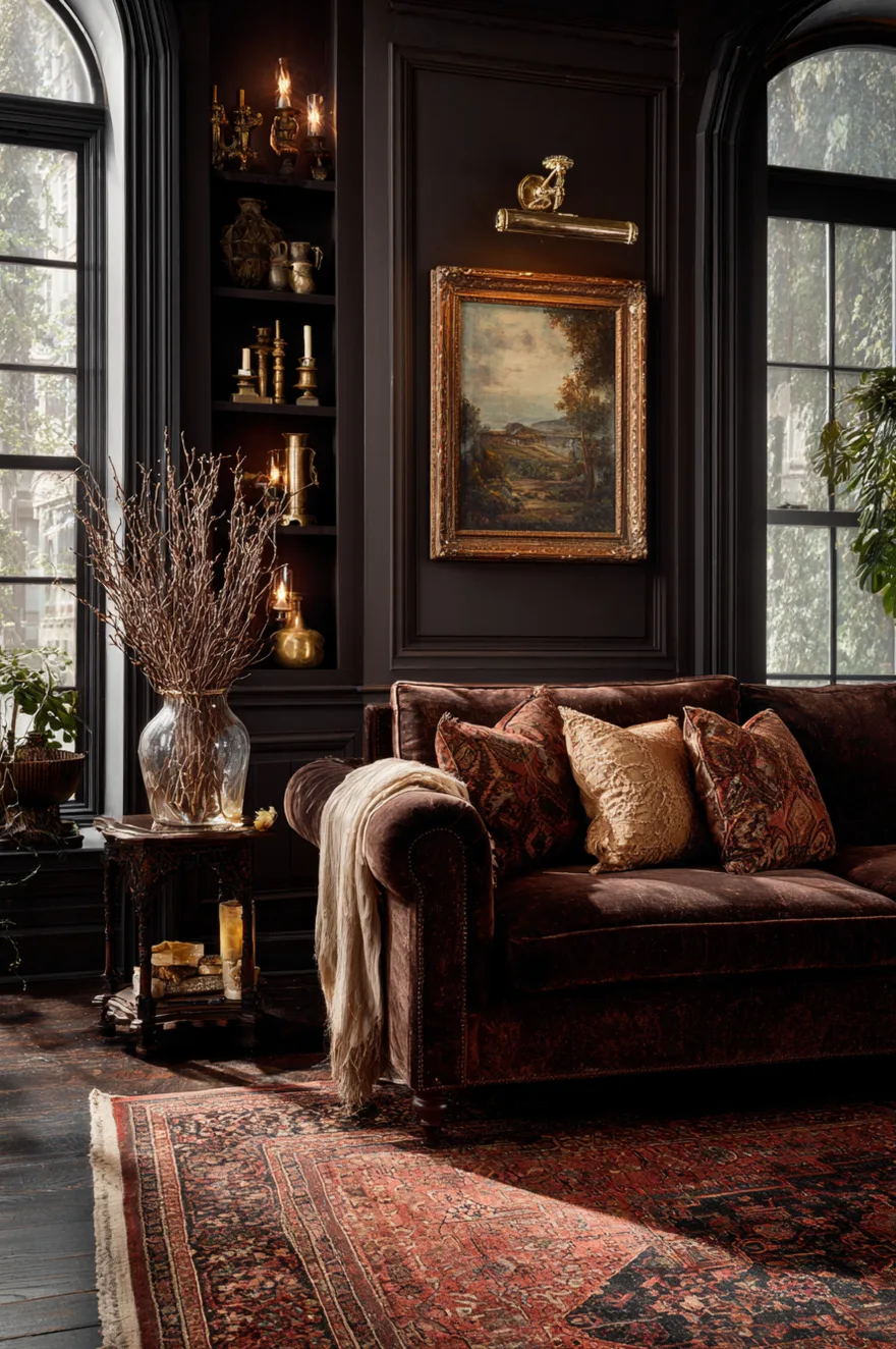 A cozy living room with rich brown walls featuring a chesterfield sofa, an antique wood cabinet, layered vintage Persian rugs, and an eclectic gallery wall of art.