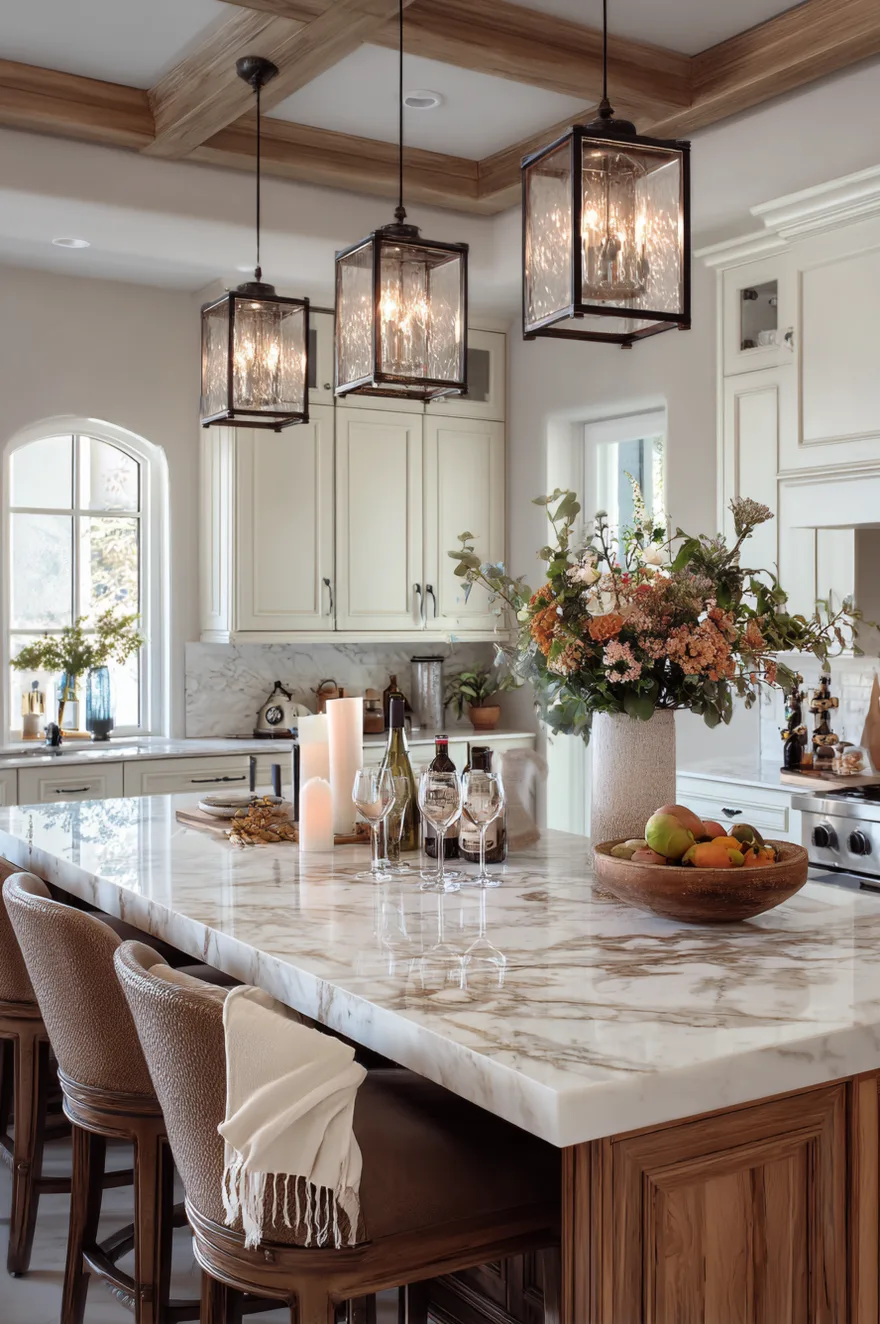Glass lantern kitchen pendant lights over island glowing warmly on a dimmer setting for evening ambiance.