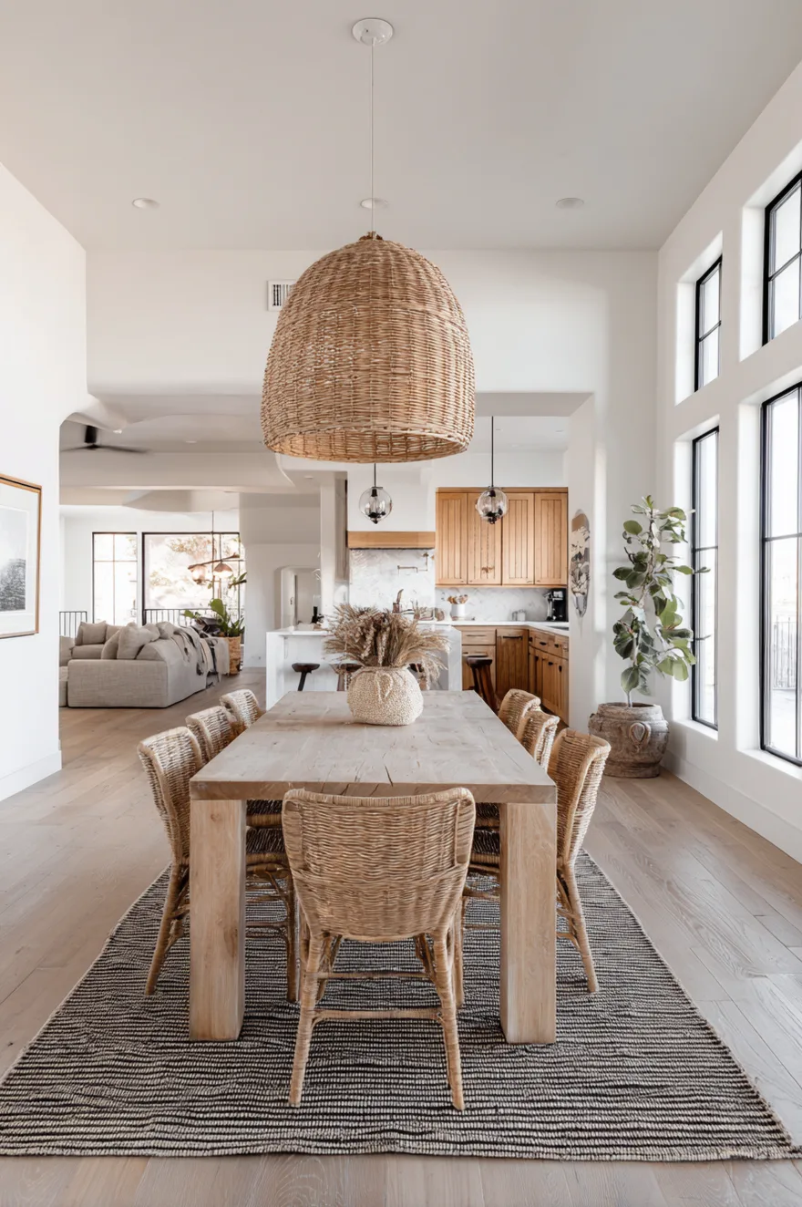 Open concept living and dining area where the wood dining table coordinates with the living room furniture.