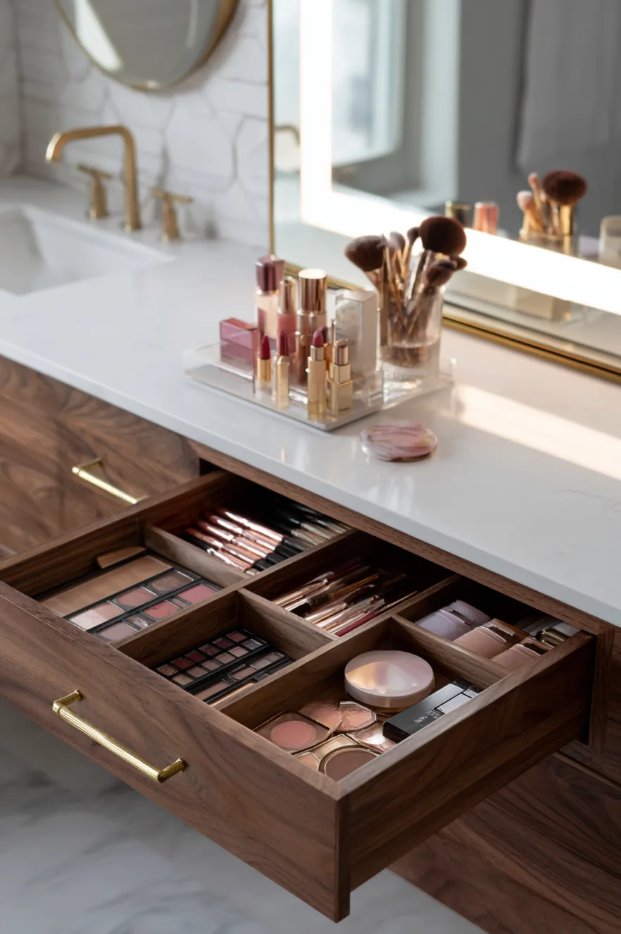 A deep close-up inside a large, open vanity drawer. Clear acrylic dividers separate dozens of makeup products, including compacts, lipsticks, brushes, and palettes. Everything is meticulously categorized.