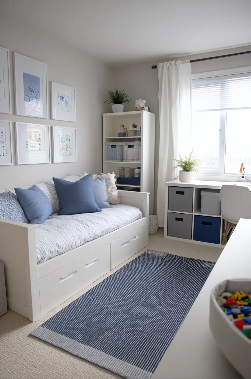 A boys bedroom furnished with a white Ikea daybed, a white cube shelving unit with grey storage bins, and a small study desk against light blue walls.