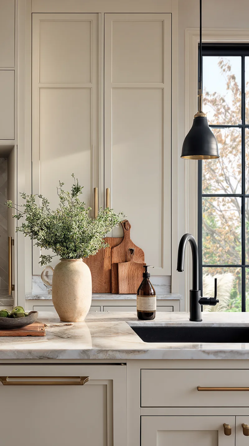 Modern kitchen sink area mixing a matte black faucet with brass cabinet hardware and light fixtures.
