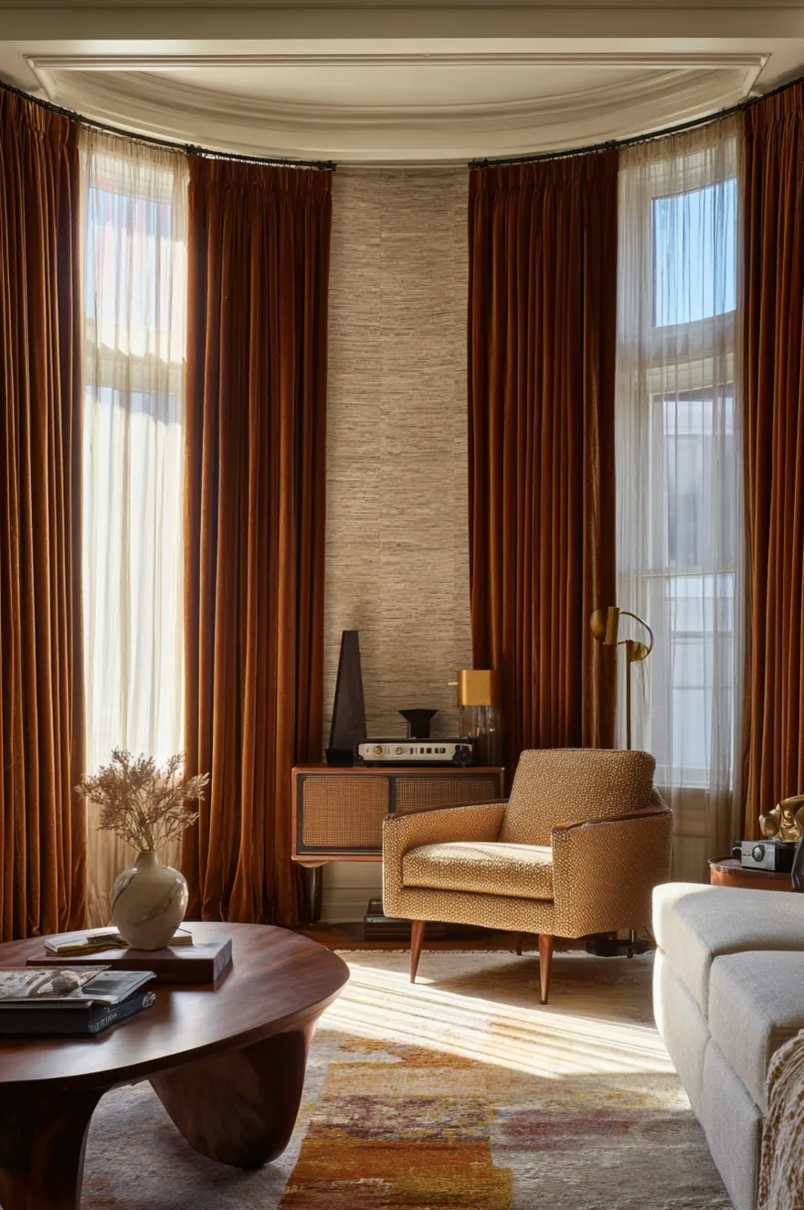 A curved wall with tall windows framed by sheer white curtains and heavy rust-colored velvet drapes. In front sits a patterned armchair, a round wooden coffee table, and a small vintage cabinet holding a retro radio.