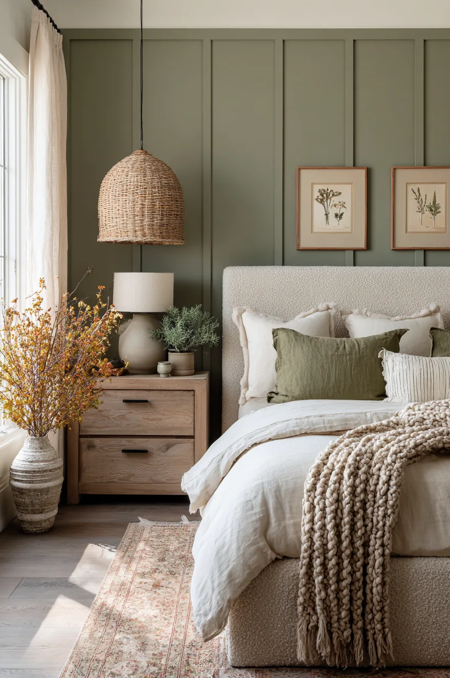 A bedroom with an olive green paneled accent wall and a beige bouclé headboard. The bed is styled with cream linens, olive green pillows, and a chunky knit blanket, with a woven pendant hanging over a rustic wood nightstand.