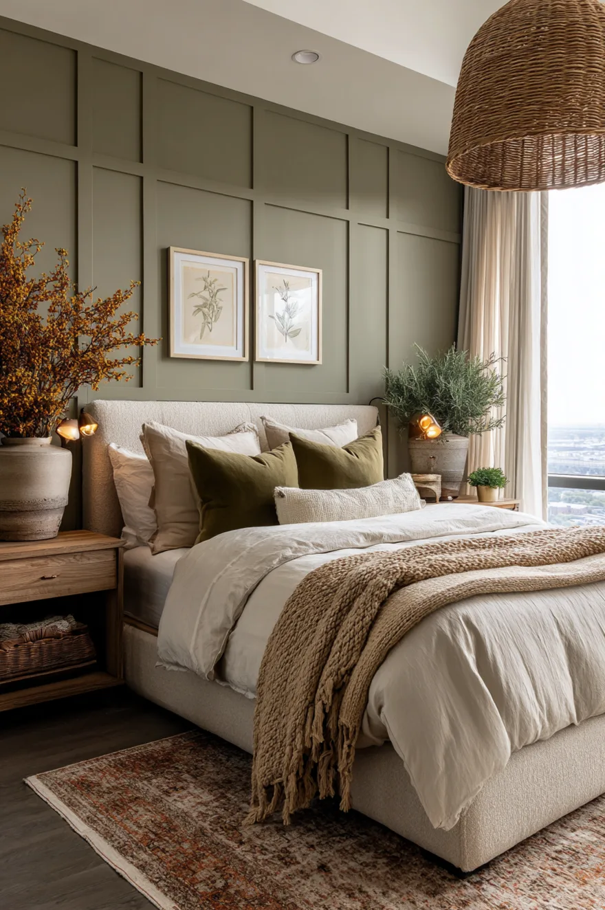 A bedroom featuring an olive green paneled wall behind a beige bouclé headboard. The bed has white bedding, olive green throw pillows, and a tan knit blanket, accompanied by wood nightstands and framed botanical prints.