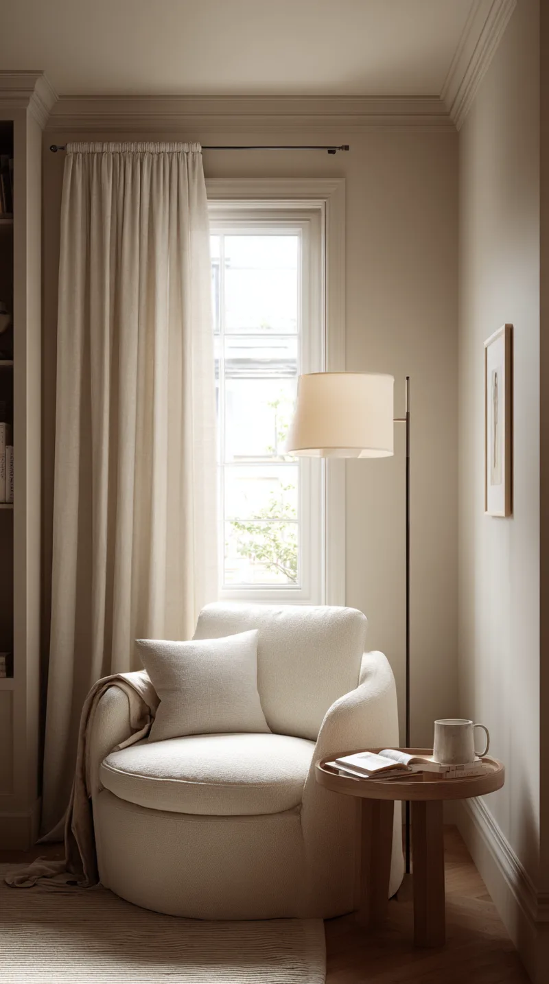 Cozy white boucle armchair and floor lamp creating a reading corner in a small bedroom.