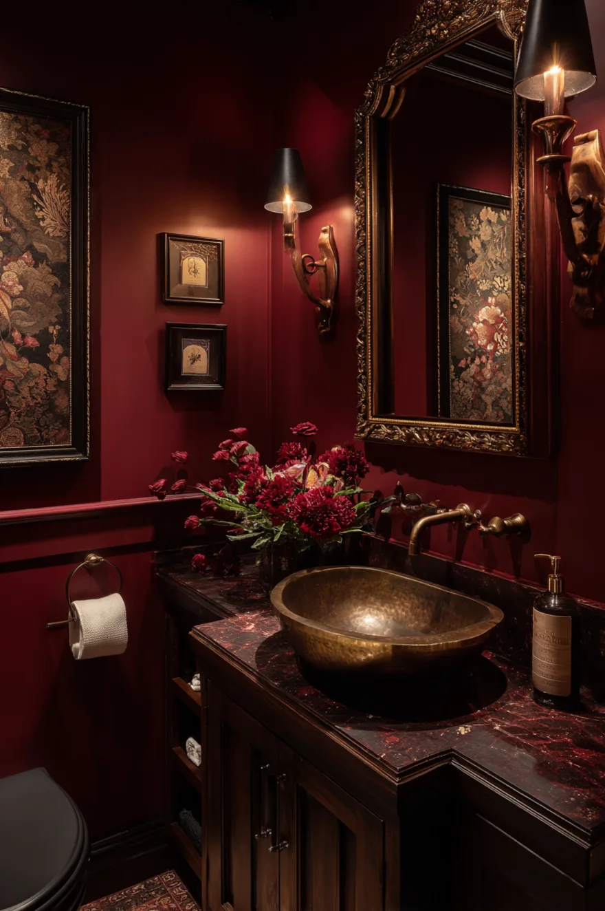 A dramatic powder room featuring rich burgundy walls and matching dark wainscoting. A glowing brass vessel sink sits on a dark red marble countertop, accompanied by vintage floral art, a brass wall sconce, and deep red floral arrangements.