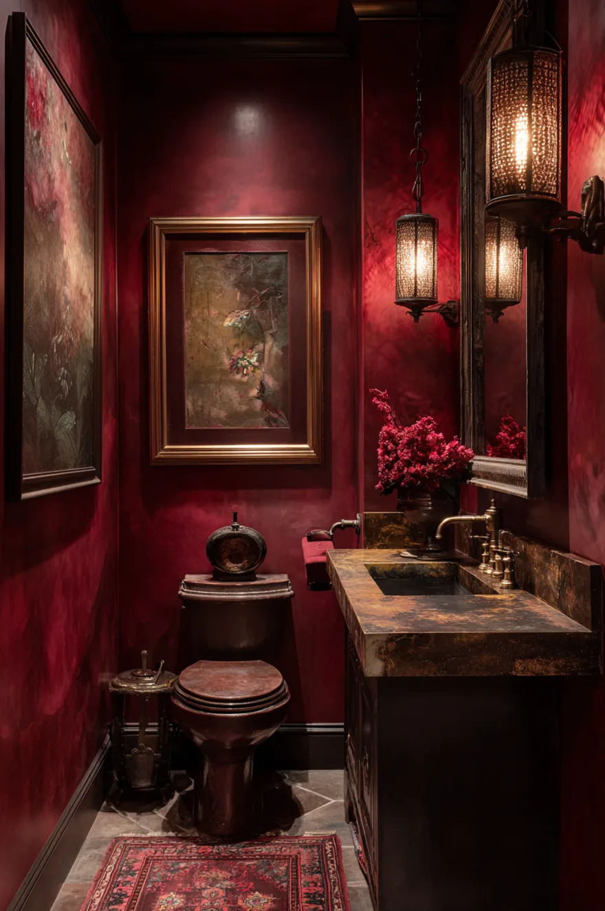 A moody bathroom space enclosed by deep wine red walls with a textured finish. A gold framed vintage landscape painting hangs above a dark toilet, next to a dark marble vanity with a brass sink and decorative hanging pendant lights.