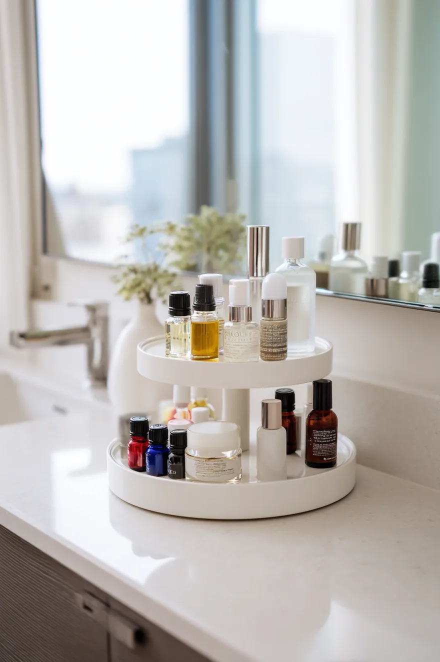 A clear glass, two-tiered rotating storage organizer sits on a white marble bathroom countertop. It is filled with various small skincare bottles, serums, cosmetic tubes, and jars. The rotating stand is densely packed with products, positioned next to a dark amber pump bottle and a textured grey wall with a mirror frame.