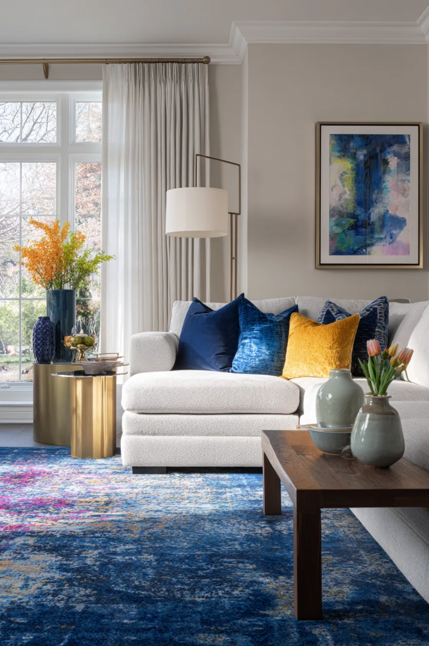 A vibrant living room featuring a distressed sapphire blue and pink rug under a white sofa decorated with blue and yellow velvet pillows, next to a gold side table.