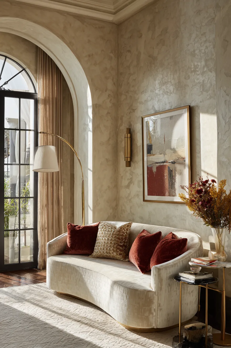 A living room wall covered in off-white textured Venetian plaster provides the backdrop for a centered gold sunburst mirror. A cream channel-tufted velvet sofa sits beneath the mirror near a small brass and marble side table and soft natural lighting.