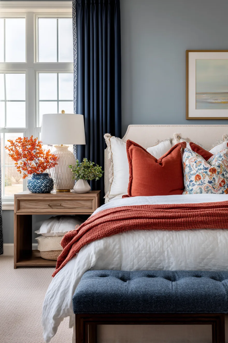 Cream upholstered headboard against light blue-grey walls framed by dark navy curtains. The bed is dressed in white linens, rust orange pillows, and a matching rust waffle-knit throw. A light wood nightstand holds a white textured lamp and a blue patterned vase with orange leaves. A dark blue upholstered bench sits at the foot.