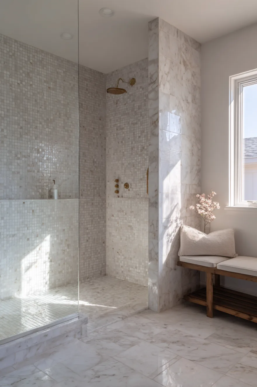 A serene, monochromatic bathroom fully drenched in light neutral tones. The walk in shower walls are covered in tiny pearlescent square mosaic tiles, while the exterior shower wall and floors feature large marble slabs. Brushed gold fixtures and a rustic wood bench complete the calming, spa inspired environment.
