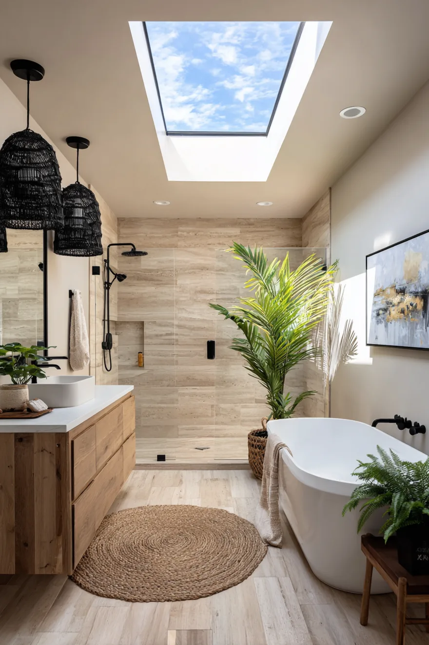 A sunny bathroom with a large overhead skylight illuminating a walk-in shower with beige horizontal tiles, black fixtures, a freestanding white bathtub, a wood vanity, and black woven pendant lamps.