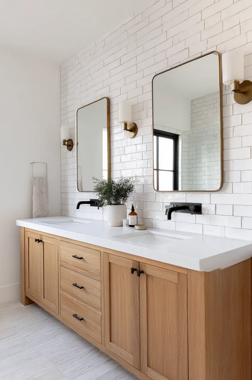 A bright bathroom featuring a light oak wood double vanity with black hardware and a thick white countertop housing two rectangular undermount sinks. Matte black wall-mounted faucets contrast with the glossy white subway tile wall. Two brass-framed mirrors hang between elegant gold and white wall sconces.