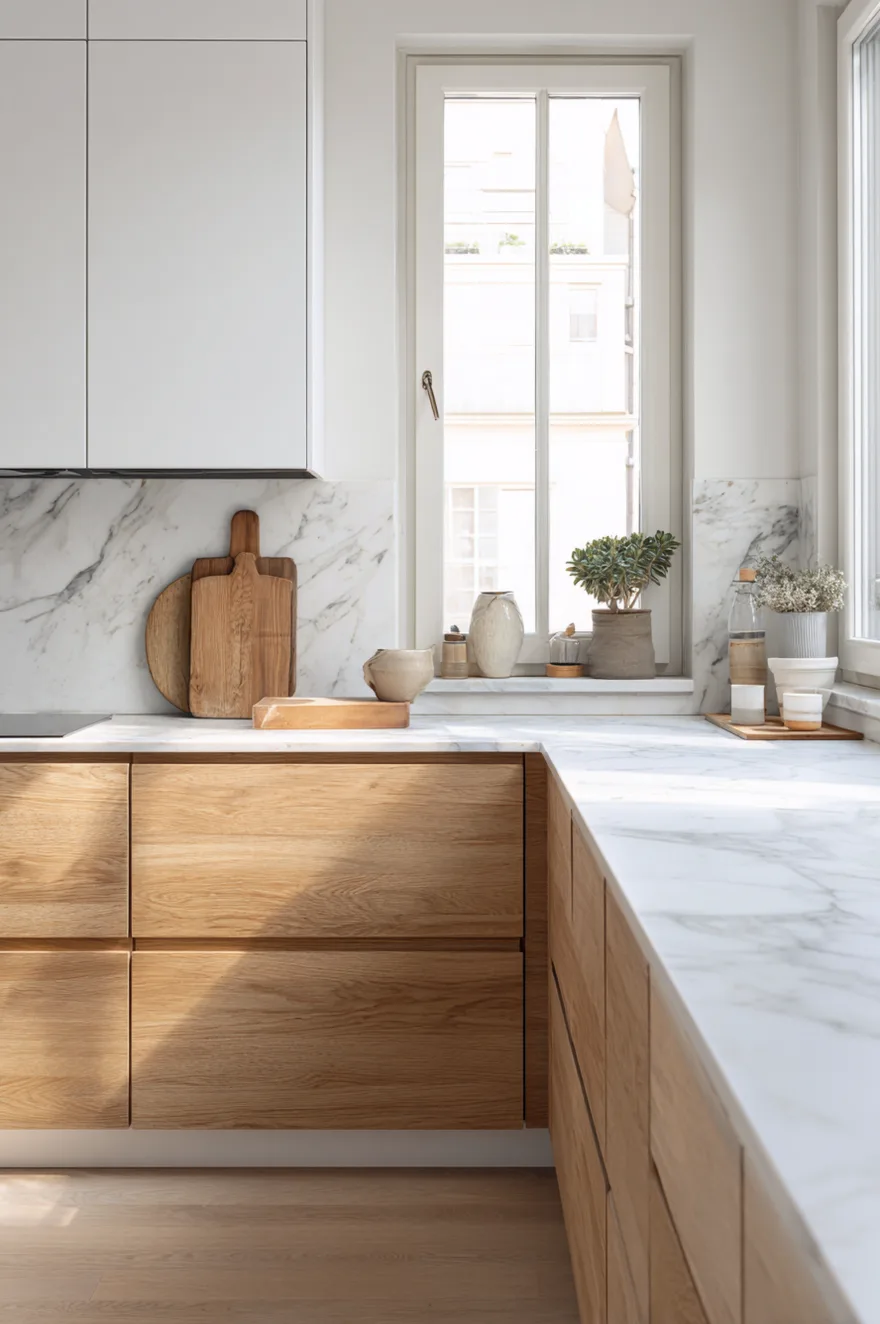 A meticulously organized kitchen corner featuring handleless light oak lower cabinets and smooth white upper cabinets. The countertop and matching backsplash are made of white marble with subtle grey veining. A collection of wooden cutting boards leans neatly against the marble wall, while small ceramic cups, jars, and a potted plant are arranged precisely along the window ledge.