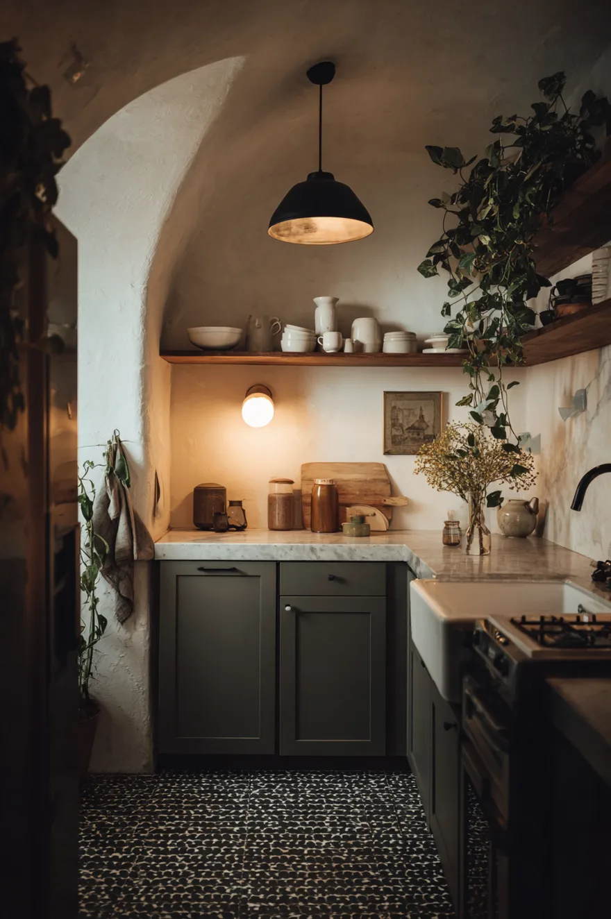 Matte black penny tile dark kitchen floor in a small kitchen with white plaster walls, open shelves with white ceramics, a trailing pothos, and a warm ceramic pendant glowing overhead.