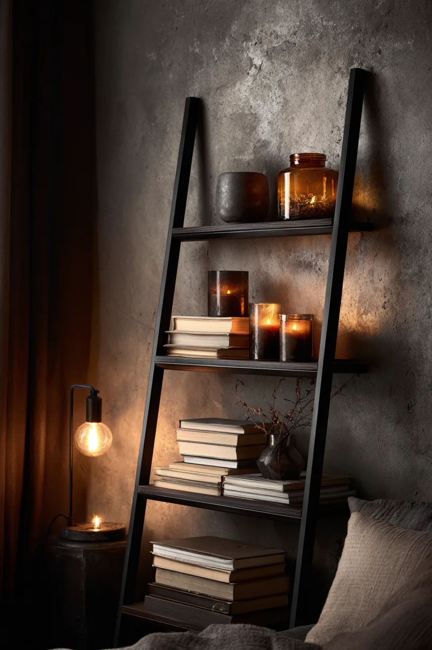 Black iron ladder shelf leaning against a concrete-look bedroom wall with chunky beeswax candles on lower rungs, linen-spined art books mid-shelf, and an amber glass terrarium catching warm lamplight.