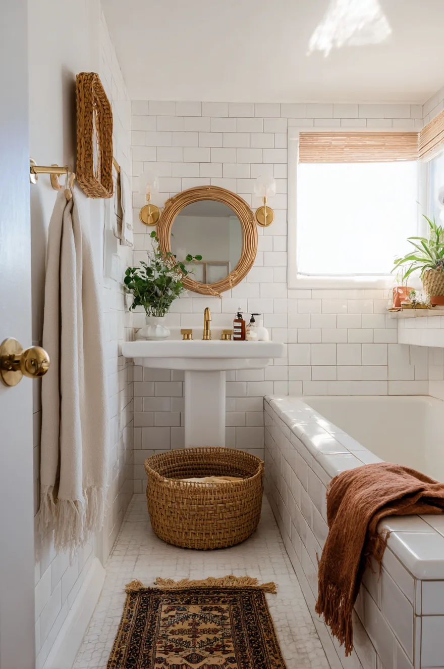 White subway tile bathroom warmed with a rattan-wrapped round mirror, vintage brass wall sconce, woven storage basket under a pedestal sink, and a rust-toned Turkish towel over an alcove tub.