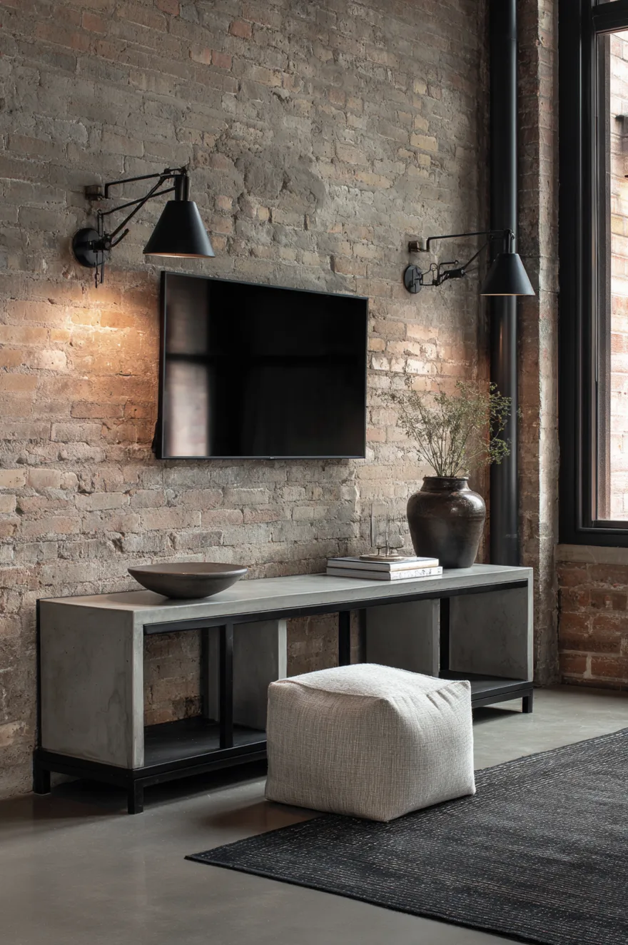 Honed concrete top on a blackened-steel console frame against a raw brick wall with articulating matte black wall lamps and a single linen pouf in a polished cement-floor living room.