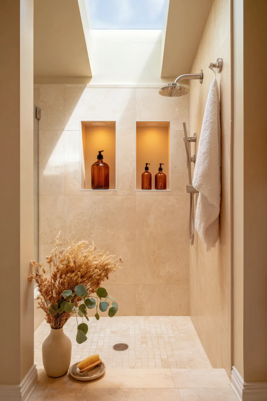 Recessed double shower niche lit by an interior LED strip holding amber glass bottles and a eucalyptus bundle in a doorless walk in shower with honed travertine floor.
